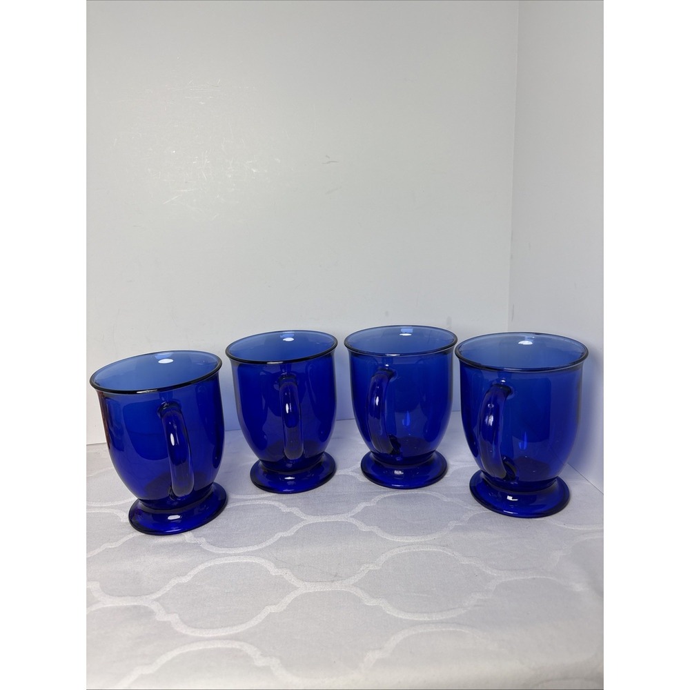 4 Anchor Hocking Cobalt Blue Coffee Cups Mugs Vintage Glass 16oz